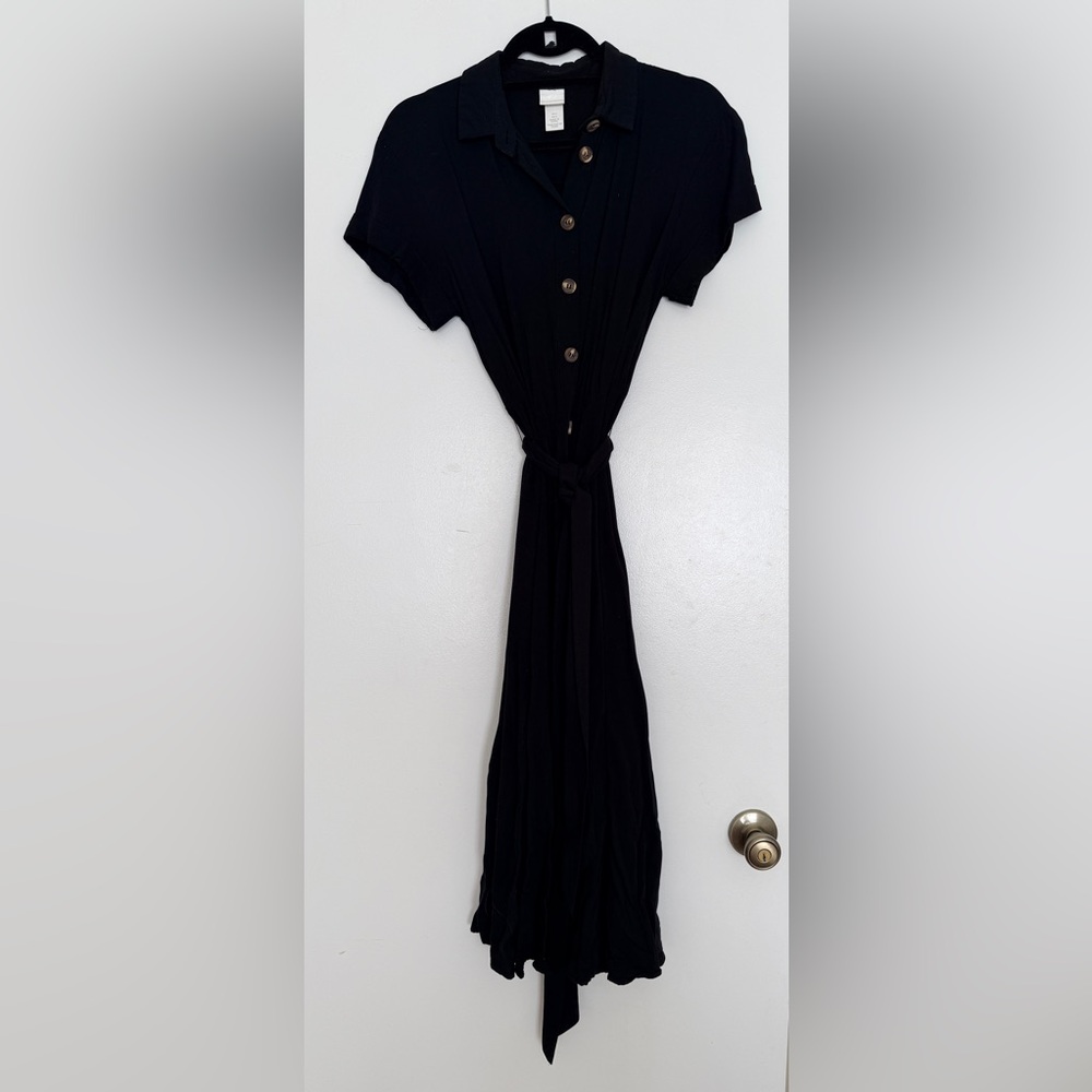 H&M Black Tie-Shirt Midi Dress with Button Detail - Picture 4 of 7